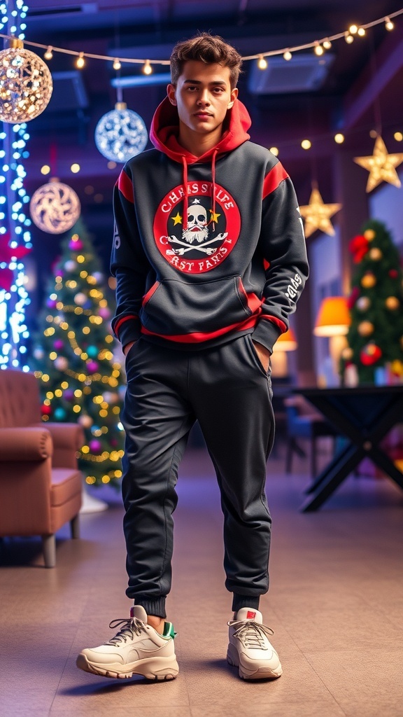 Trendy streetwear outfit with graphic hoodie and joggers for a Christmas party.
